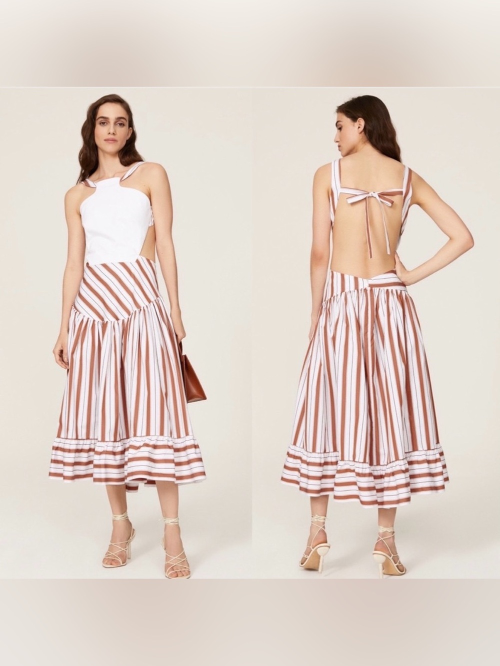 Rosie Assoulin backless cutout midi dress white bodice striped skirt women’s 8 - Picture 2 of 7